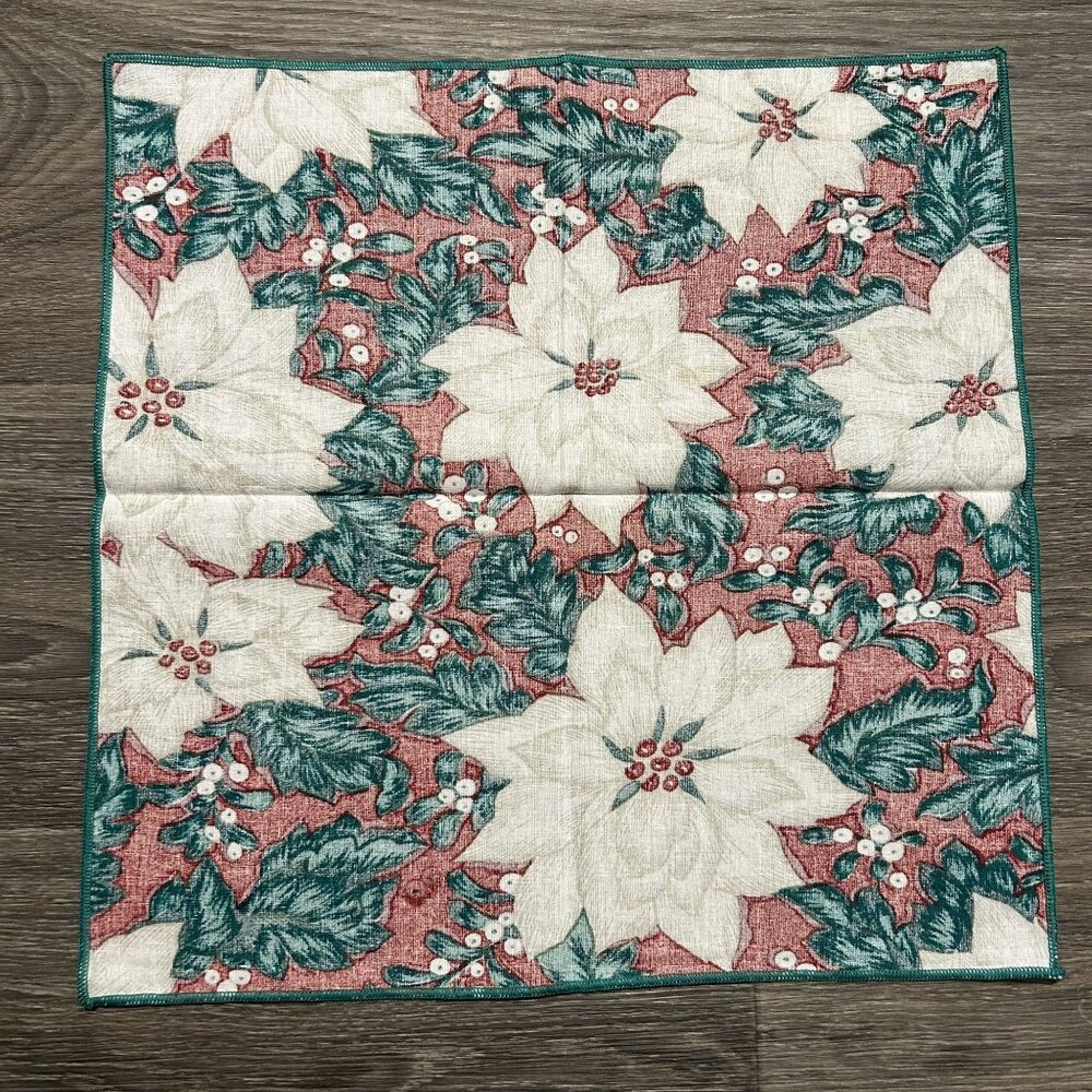 Set of 8 Christmas Poinsettia Cloth Napkins Linens Red Green Holiday Table Decor - Picture 6 of 6